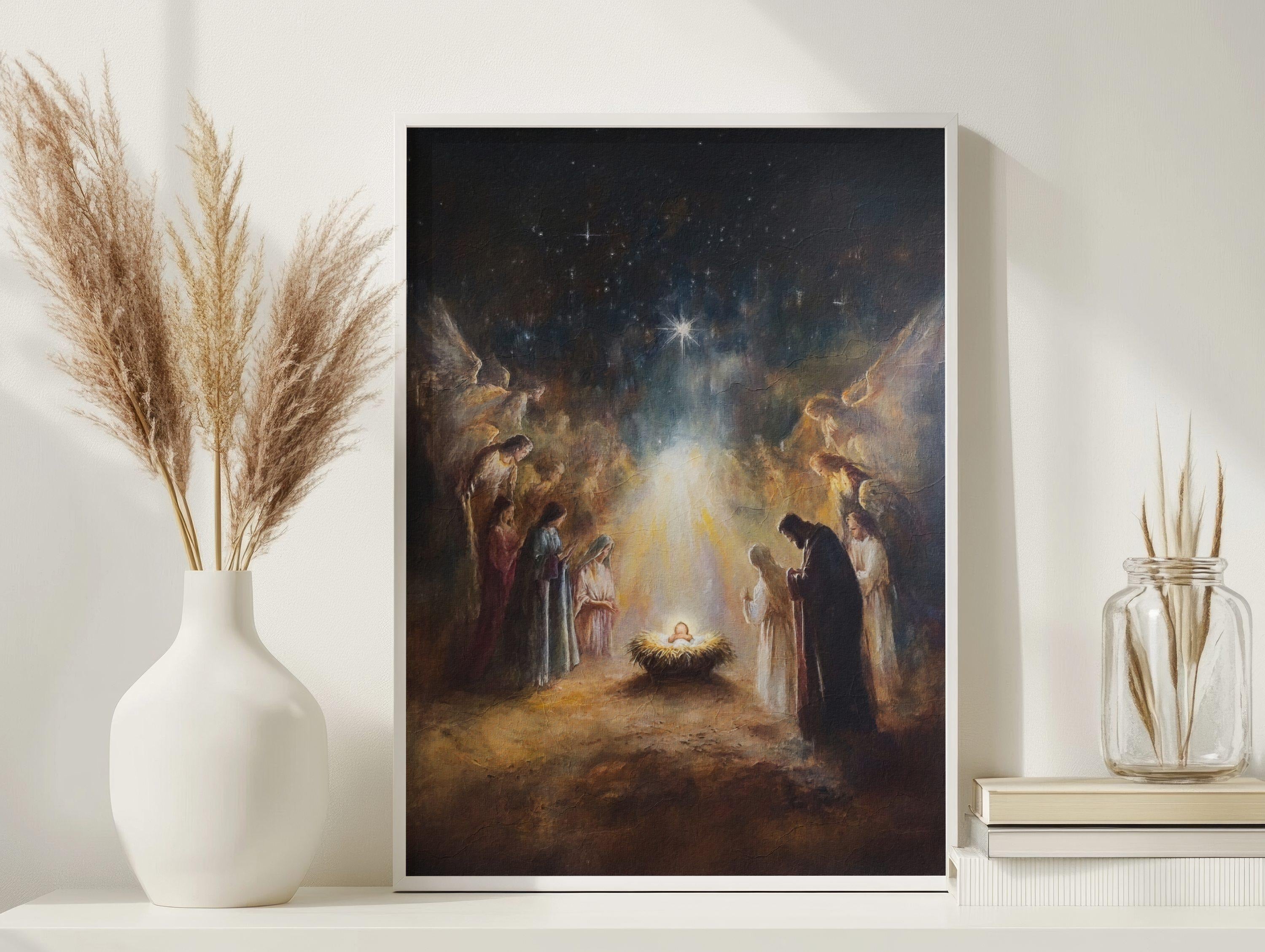 Nativity Poster Wall Art, Christian Christmas Decor, Holy Night Manger Scene Print, Religious Jesus Birth Artwork, Bethlehem Star Canvas
